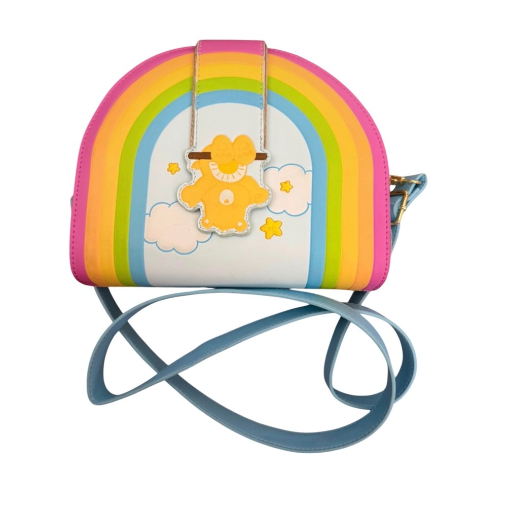 Care Bears Funshine Bear Rainbow Crossbody Bag Blue Faux Leather Dome Purse
